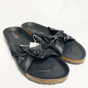 NWT Cork Bottom Faux Leather Bow Slides Sandals